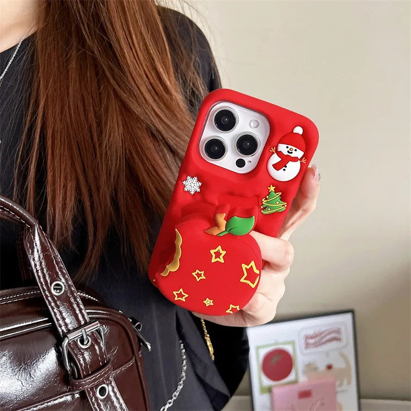 Kawaii Cartoon Snowman Christmas Apple Silicone Telescopic Bracket Phone Case For iPhone