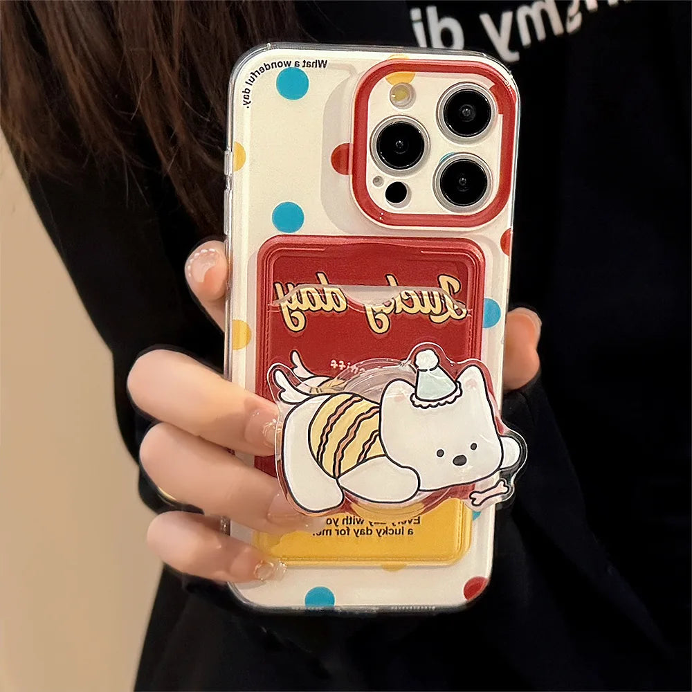 Cute Cartoon Puppy Bracket Card Holder Phone Case With Lanyard For iPhone