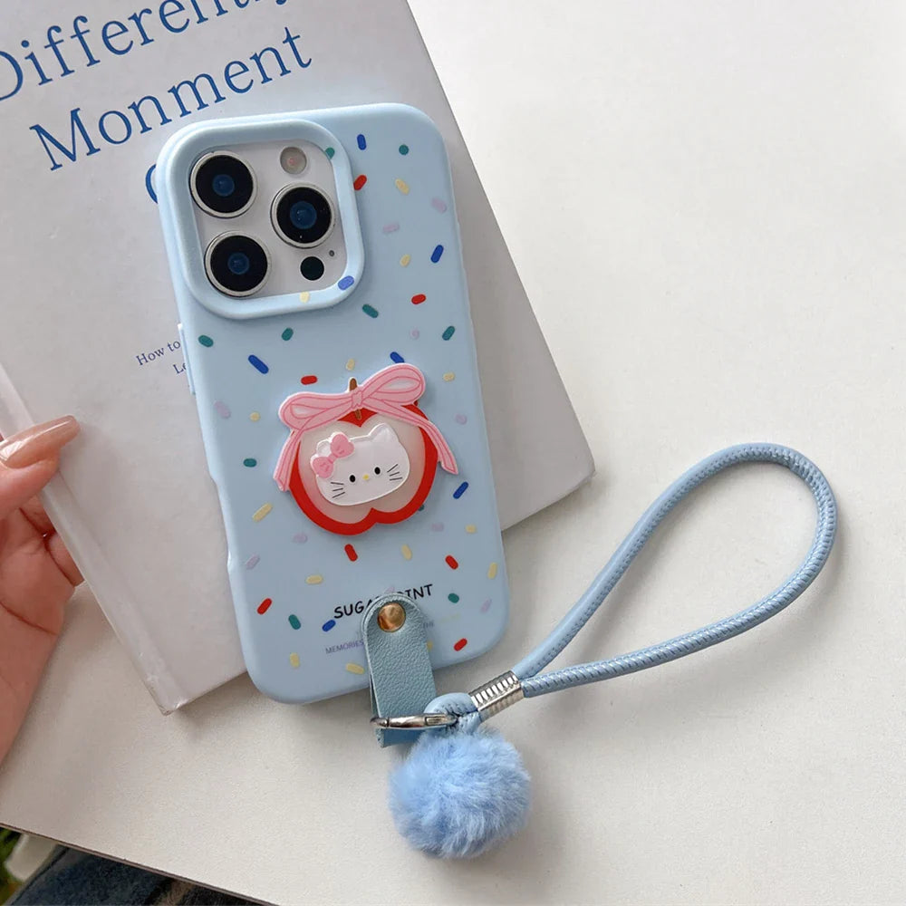Soft Wrist Strap Apple Hello Kitty Face Colorful Strip Phone Case For iPhone