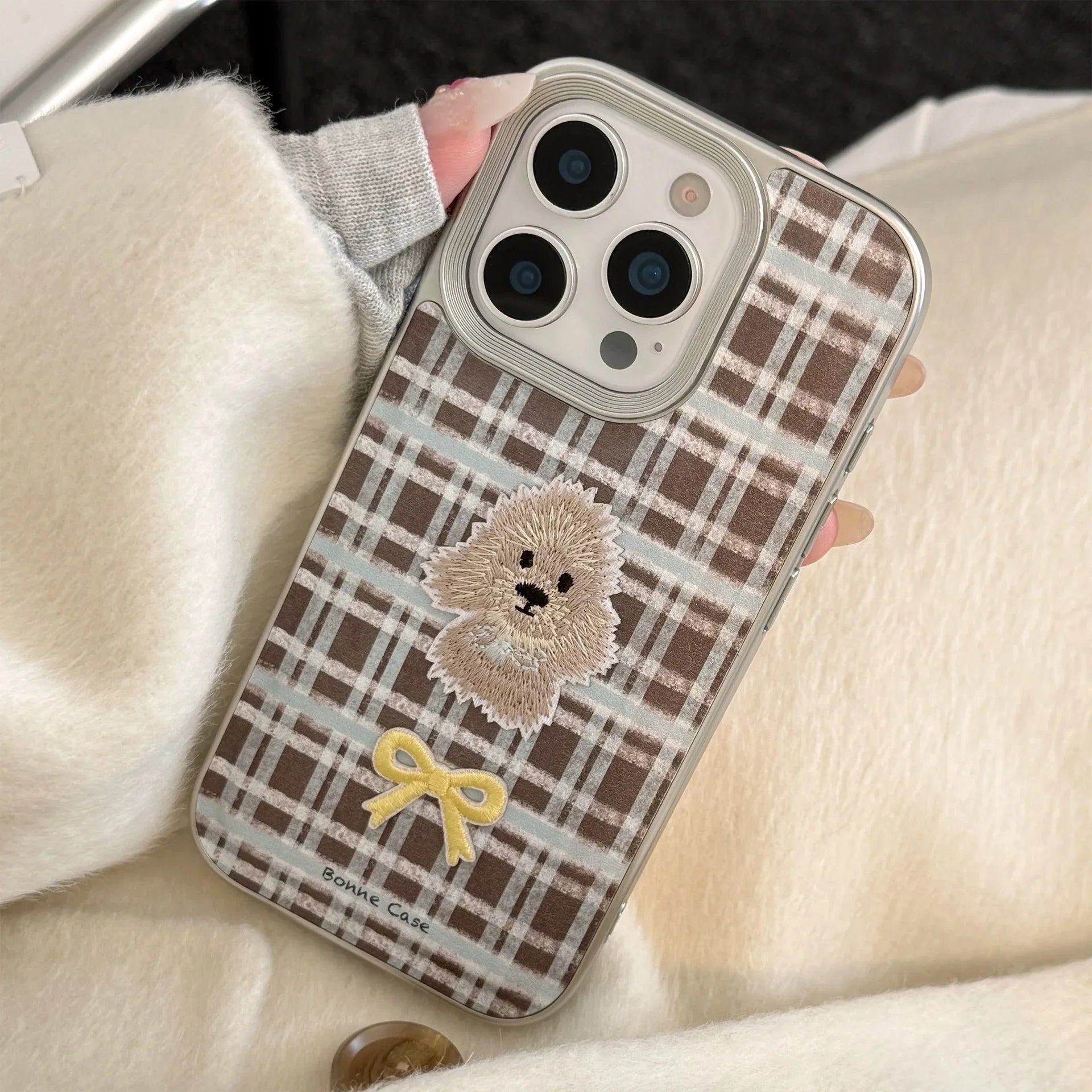 Korean Plaid Cartoon Puppy Bowknot Embroideried Silver Border Phone Case For iPhone