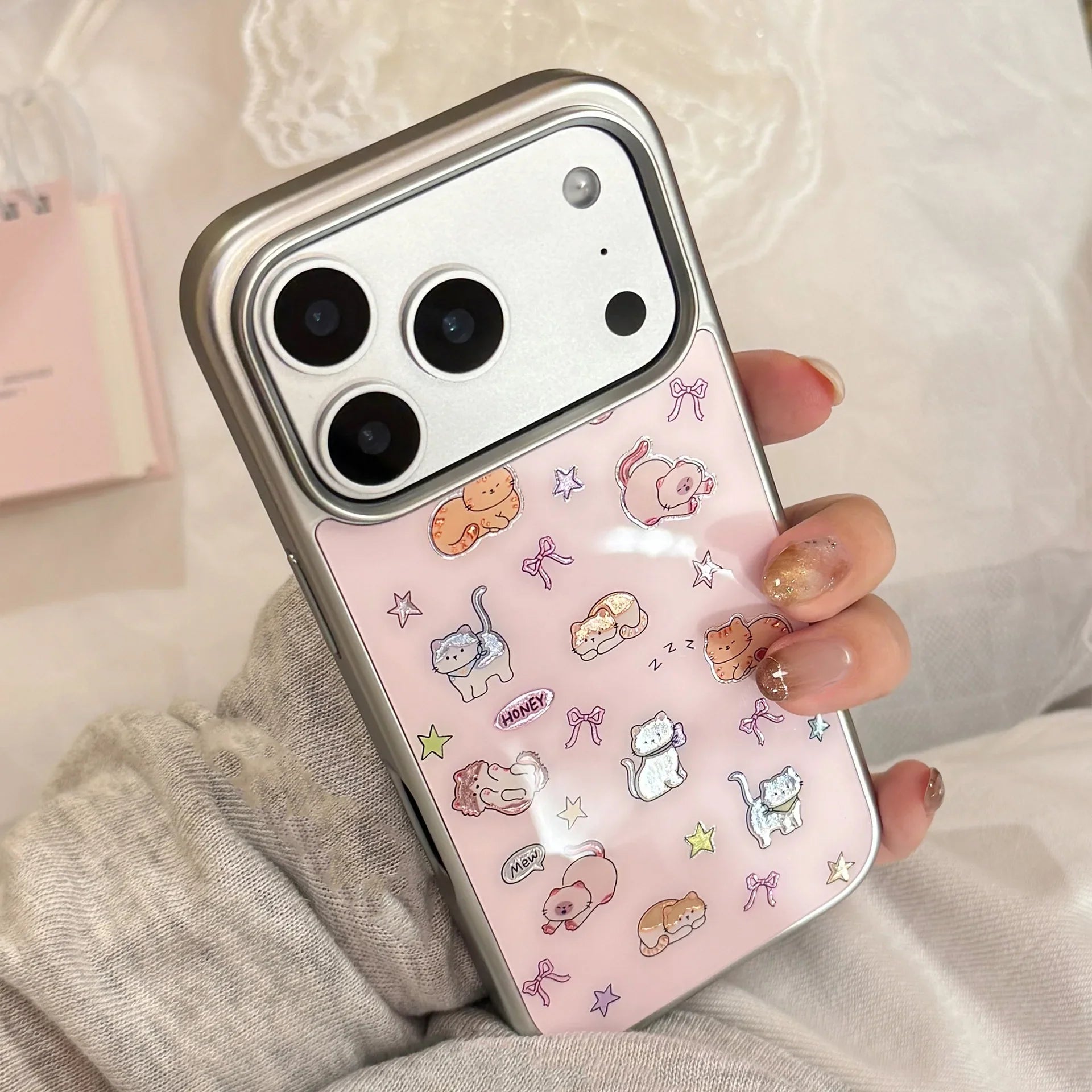 Korean Cartoon Kitten Silver Border Plating Phone Case For iPhone