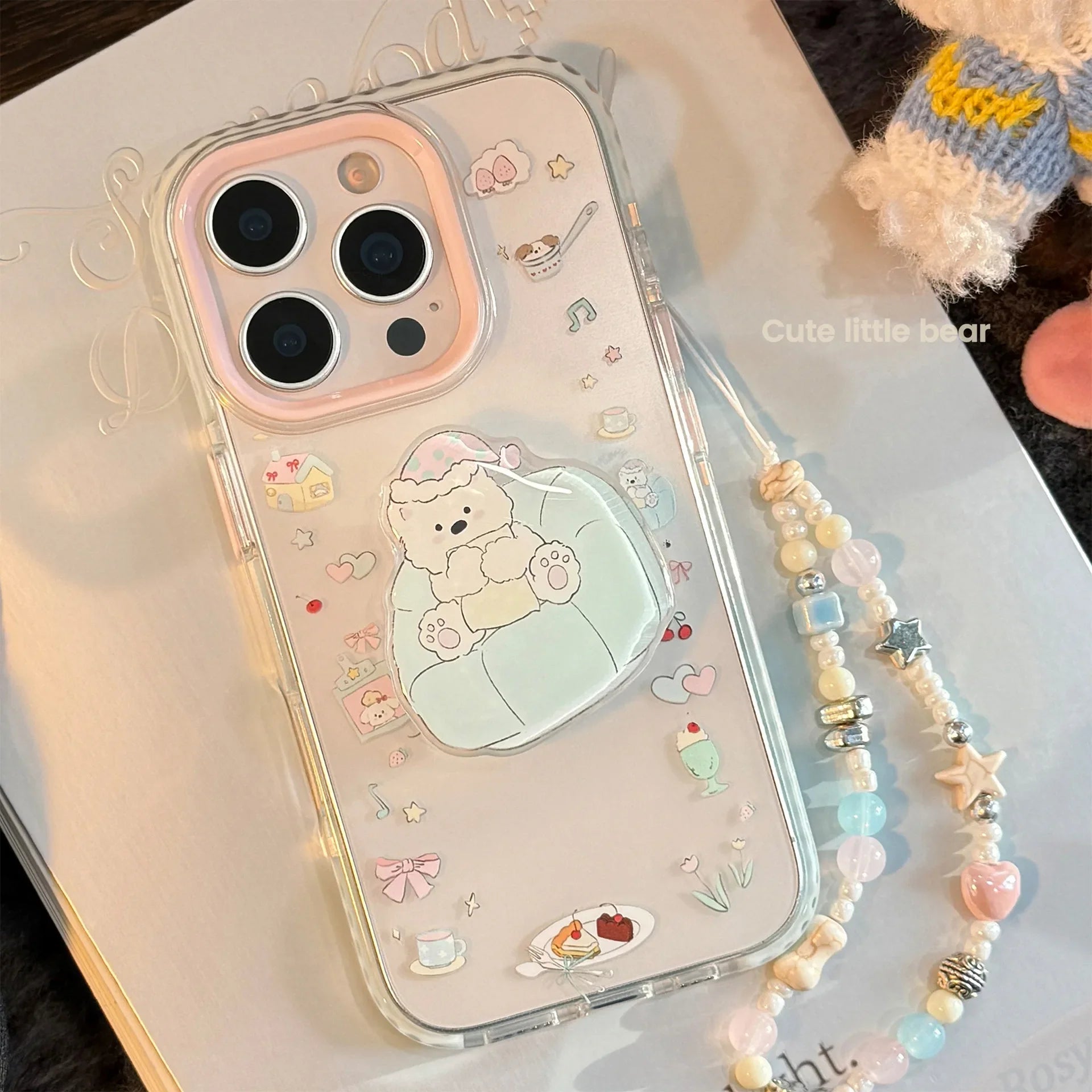 INS Dessert Clear Cartoon Sofa Puppy Bracket With Chain Phone Case For iPhone