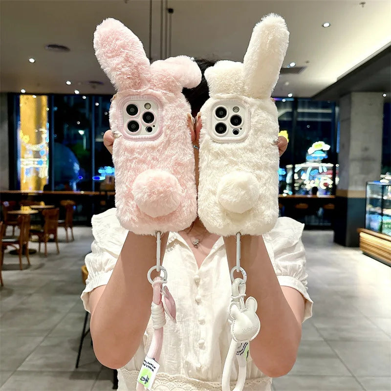 3D Cute Cartoon Rabbit Ears Warm Furry Plush Bunny Phone Case With Lanyard For iPhone