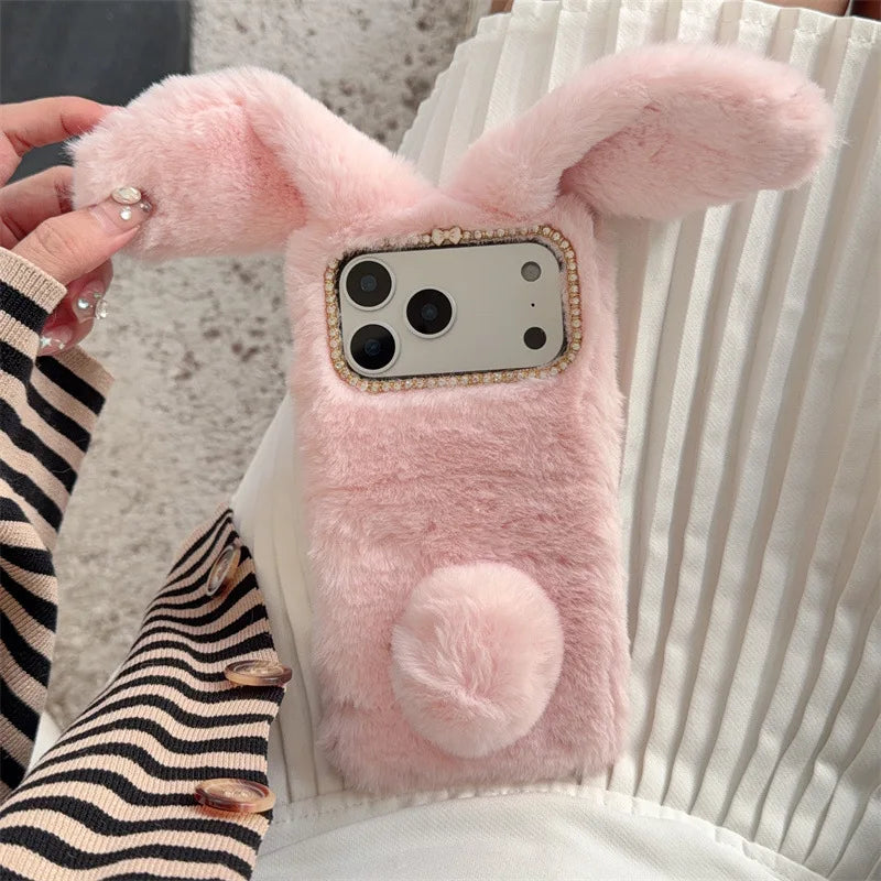 3D Cute Rabbit Ears Warm Furry Plush Bunny Phone Case For iPhone