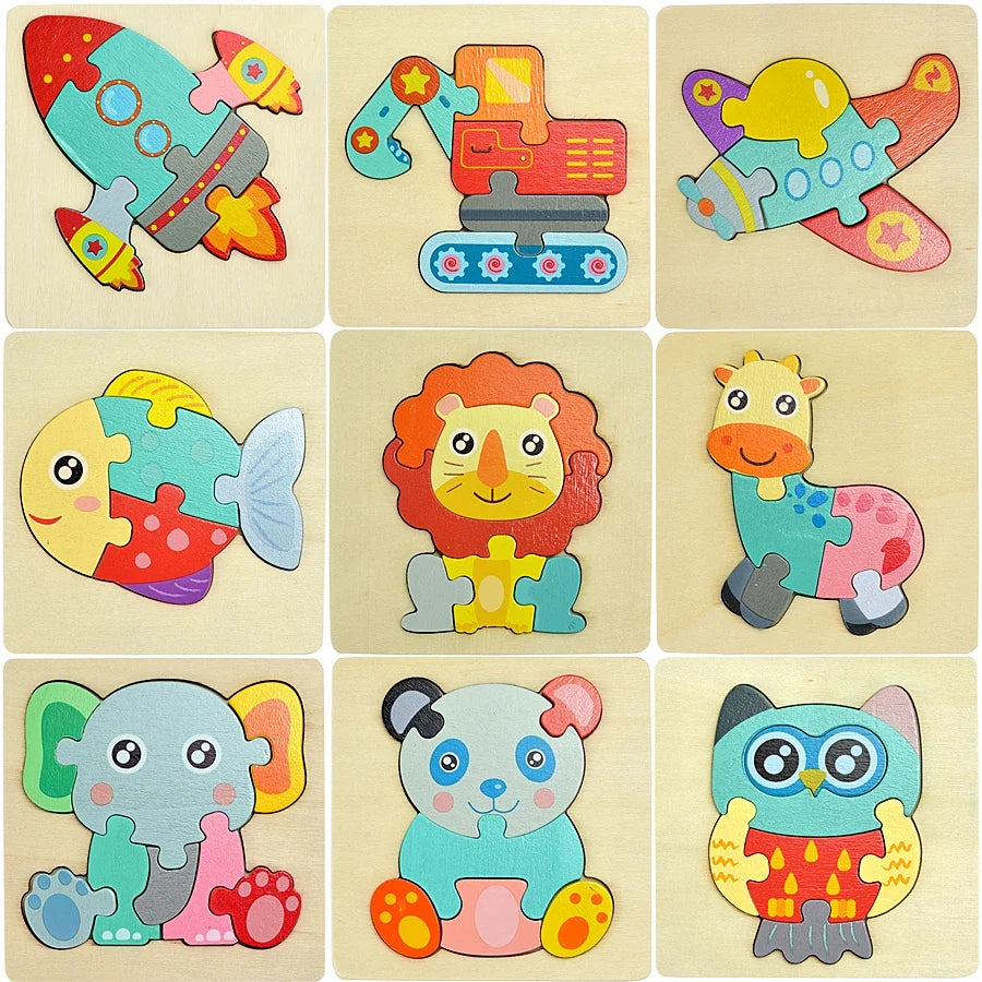 Montessori Wooden Cartoon Animal Puzzles – Early Learning Toy Set