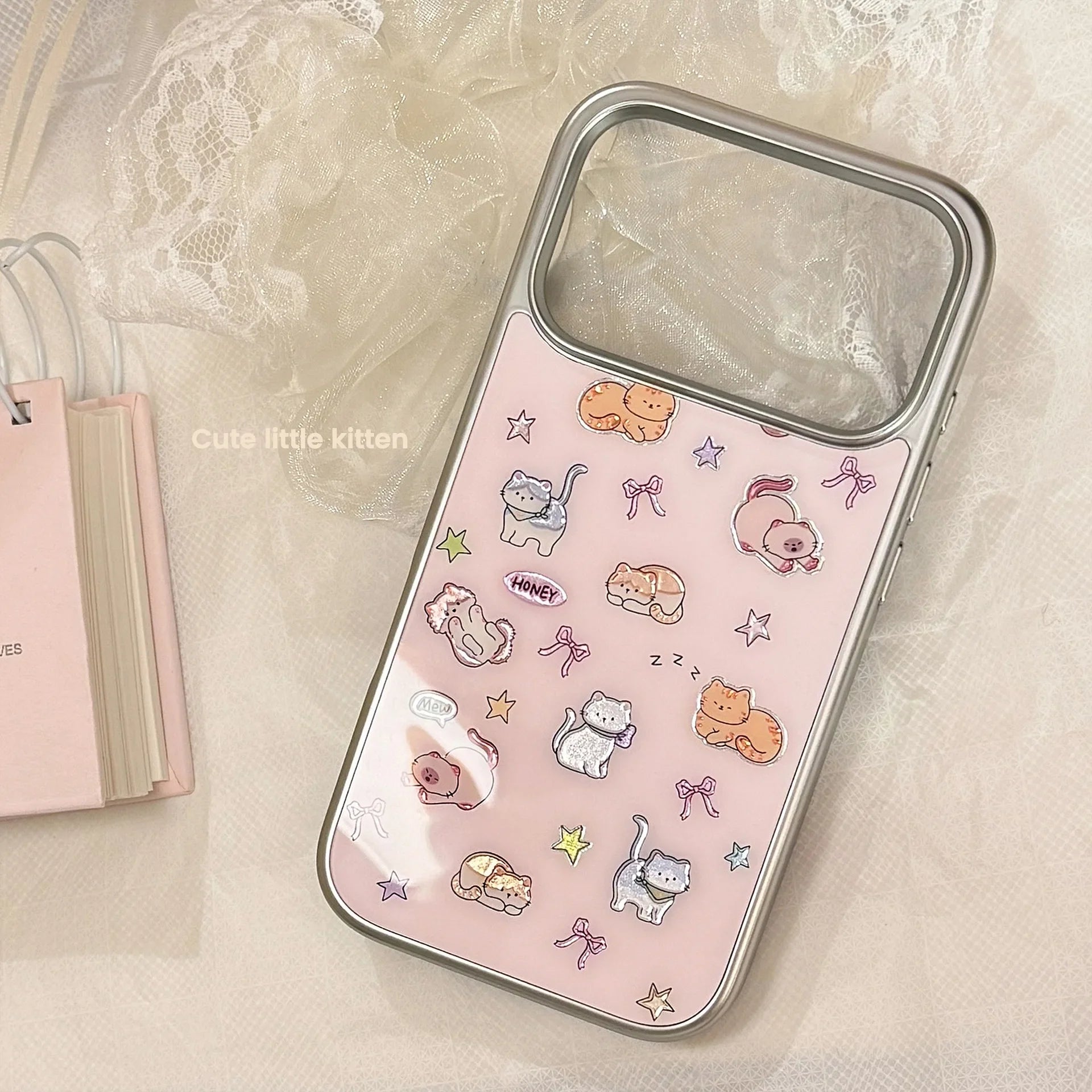 Korean Cartoon Kitten Silver Border Plating Phone Case For iPhone
