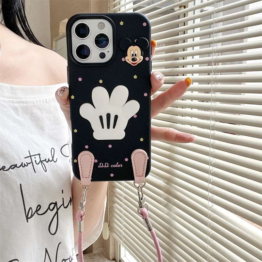 Luxury Wristband Lanyard Mickey Leather Phone Case For iPhone