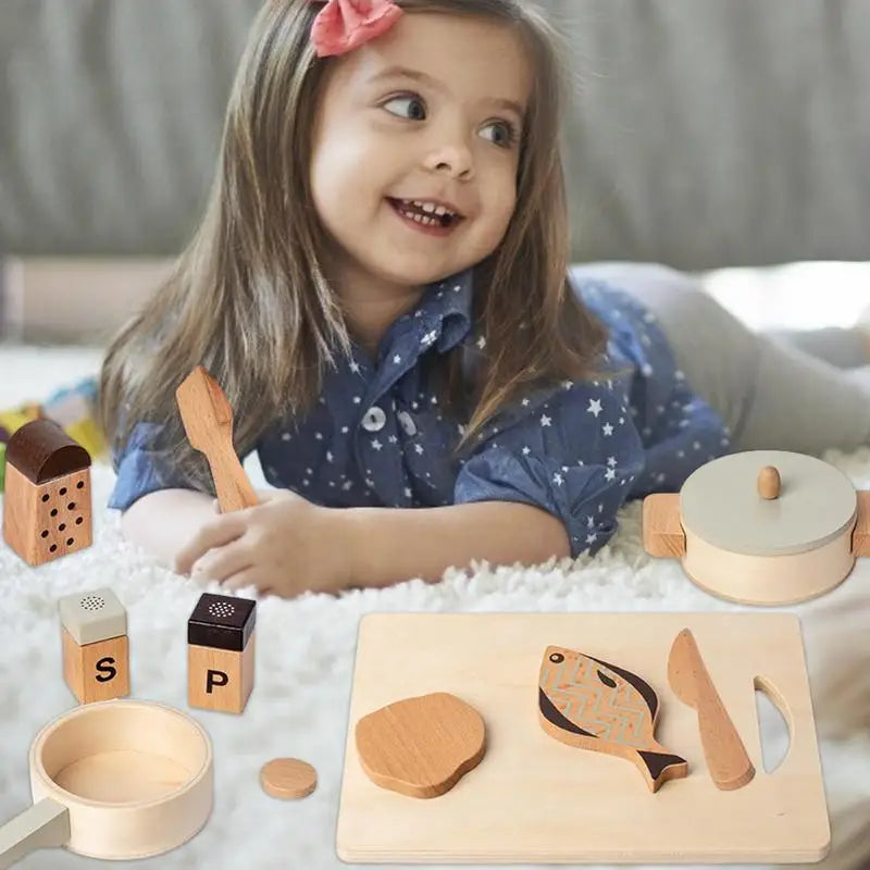 Kids Wooden Kitchen Playset – Pretend Cooking Pot and Pan Set