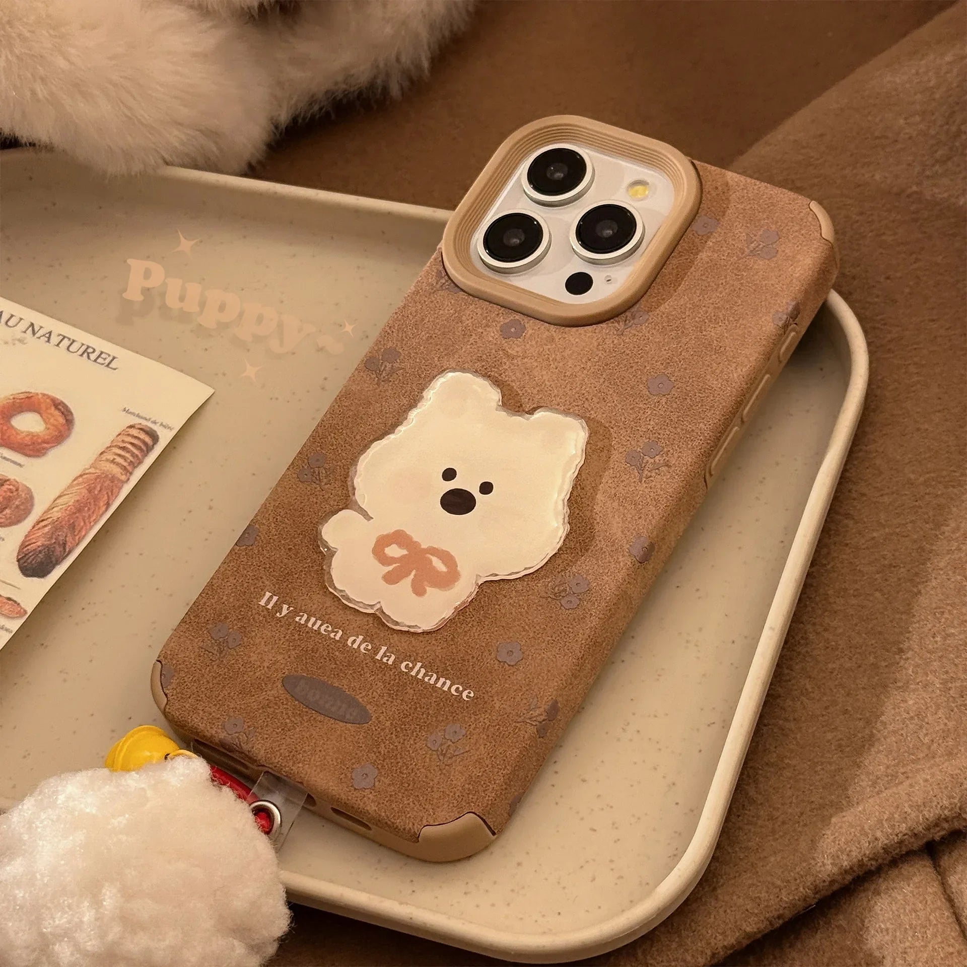 Cute Cartoon 3D White Puppy Flowers Suede Leather Phone Case With Pendants For iPhone