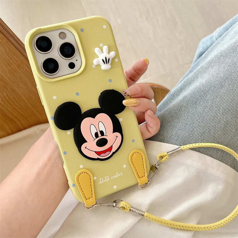 Luxury Wristband Lanyard Mickey Leather Phone Case For iPhone