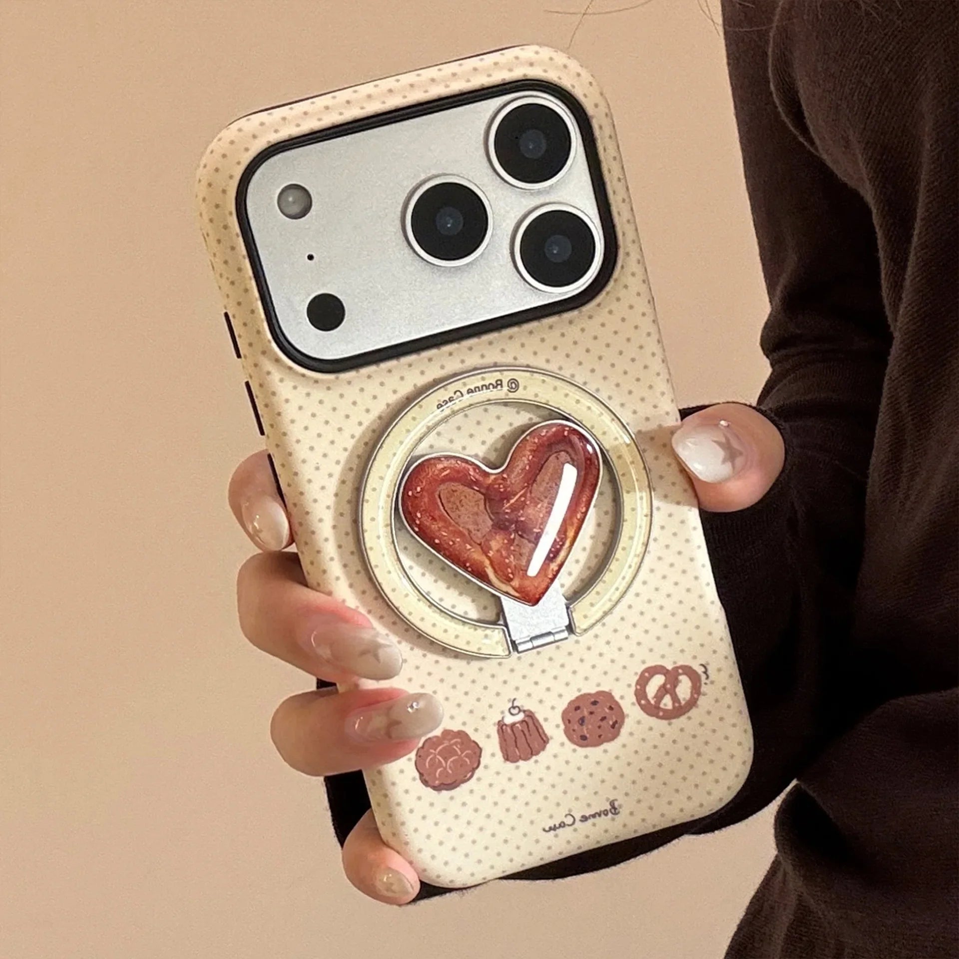 Cute Wave Point Cookie Bread Fold Love Heart Bracket Magnetic Phone Case For iPhone