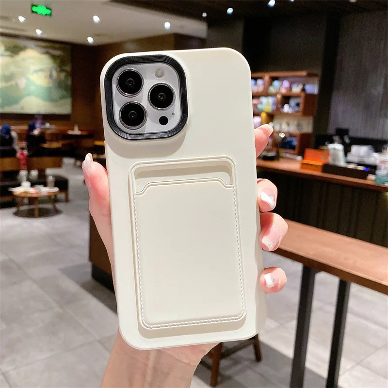 3 in 1 Card Holder Wallet Solid Color Skin Feel Phone Case For iPhone