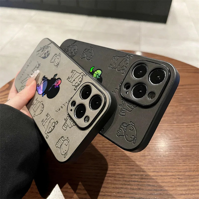 Cartoon Crayon Shin-chan Leather Texture Laser Phone Case For iPhone