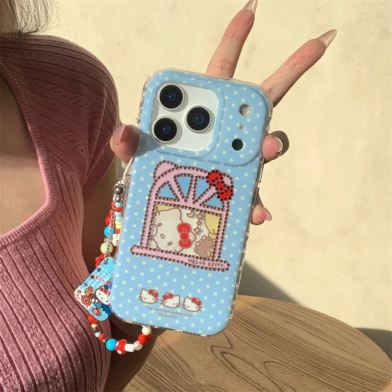 Korean Blue Polka Dot Cute Kitty Phone Case For iPhone