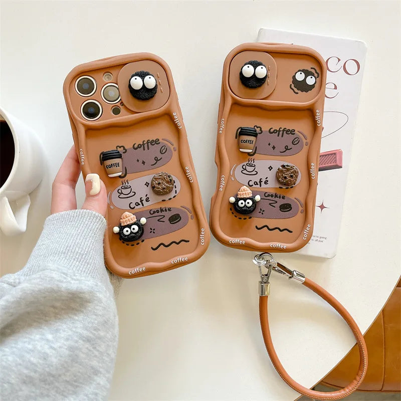 3D Cartoon Coffee With Wrist Strap Phone Case For iPhone