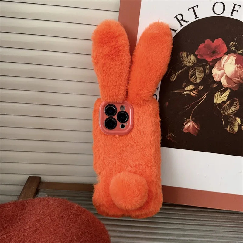 3D Cute Cartoon Rabbit Ears Furry Plush Phone Case For iPhone
