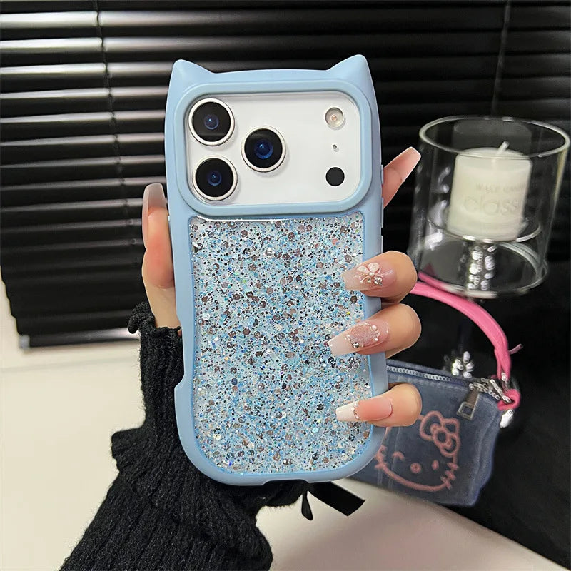 Cute 3D Cat Ear Solid Color Drop Glue Glitter Sequins Phone Case For iPhone