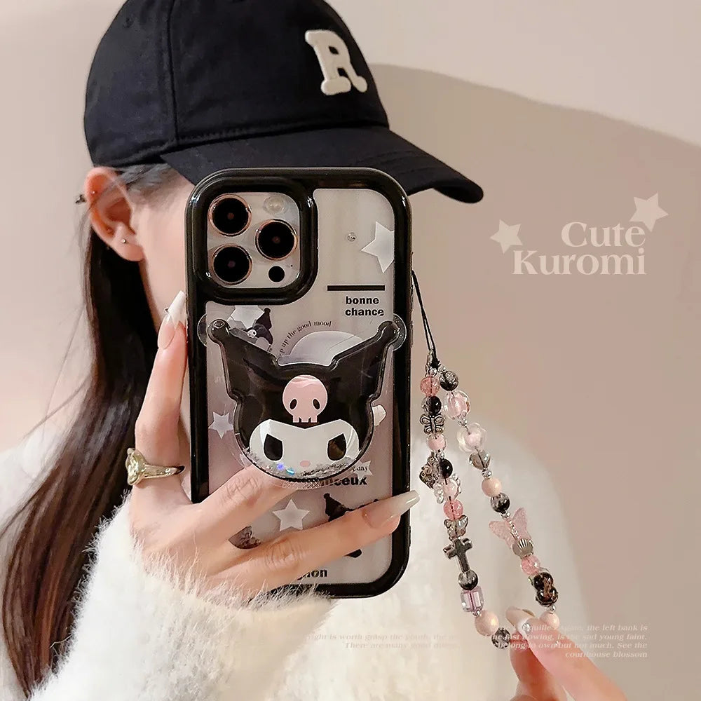 Cute Cartoon Kuromi Quicksand Bracket Phone Case With Lanyard For iPhone