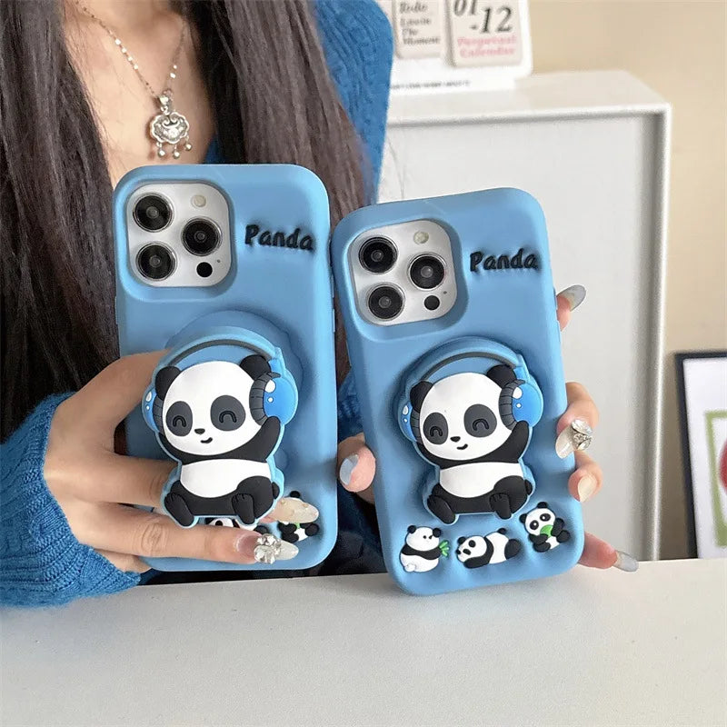Cartoon Headset Panda Soft Silicone Telescopic Bracket Phone Case For iPhone