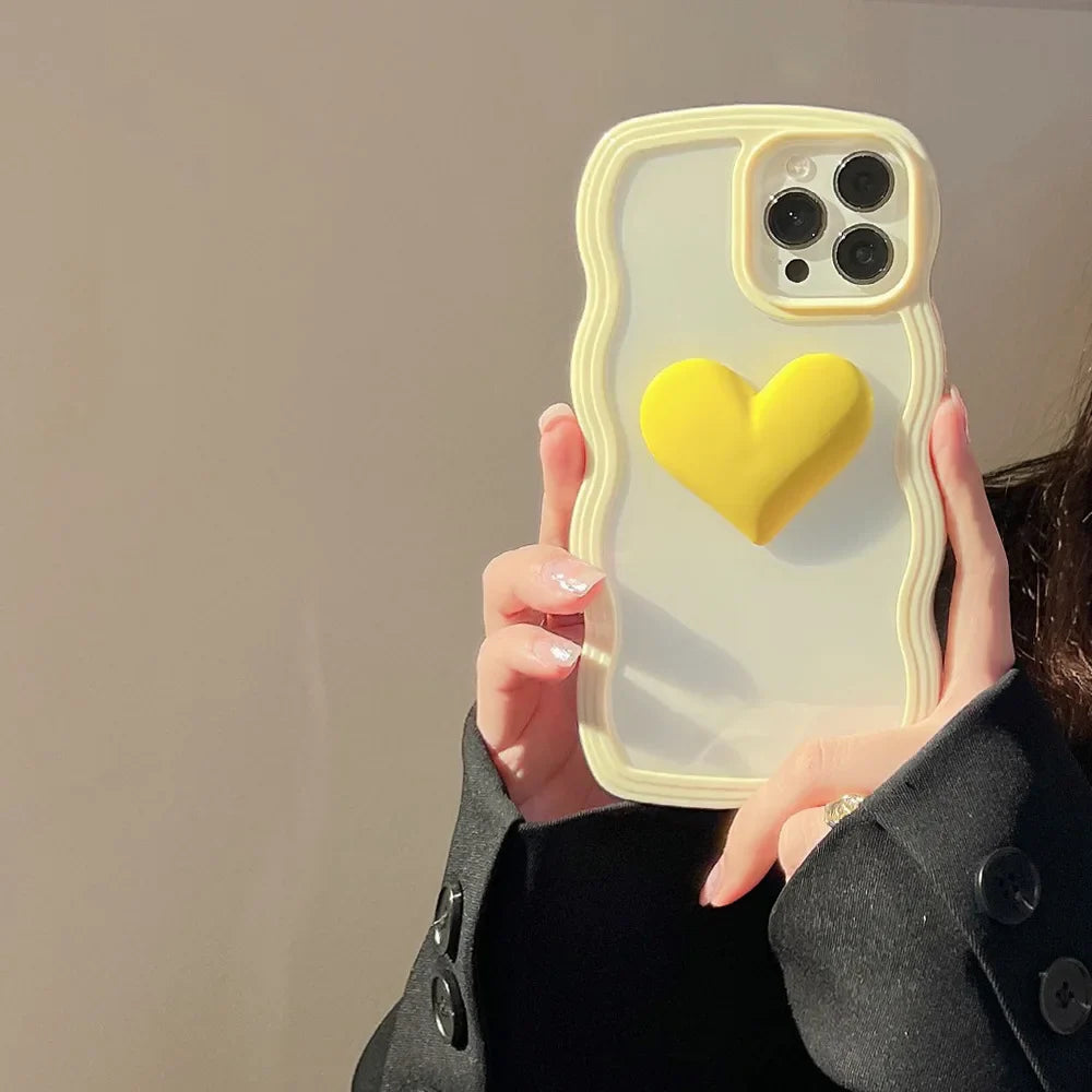 Fashion Transparent Curly Wave 3D Love Heart Phone Case For iPhone