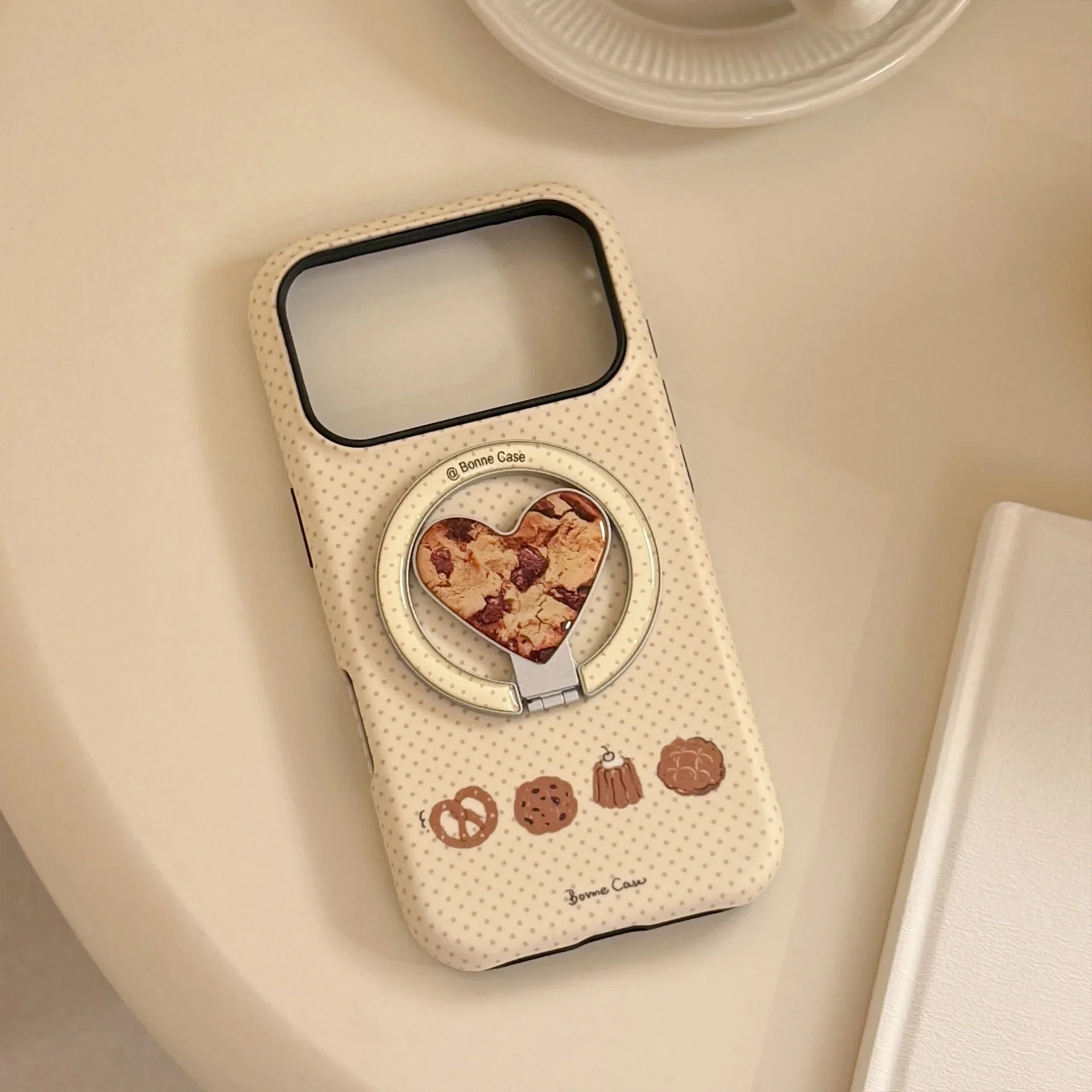 Cute Wave Point Cookie Bread Fold Love Heart Bracket Magnetic Phone Case For iPhone