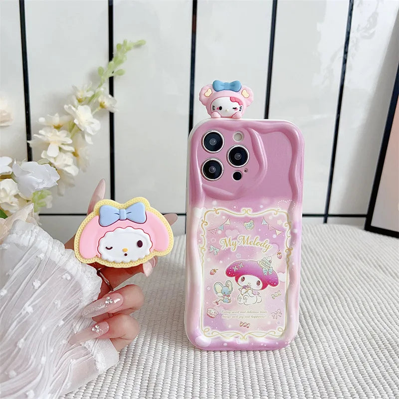 Hello Kitty Kuromi With Bracket Lanyard Phone Case For iPhone