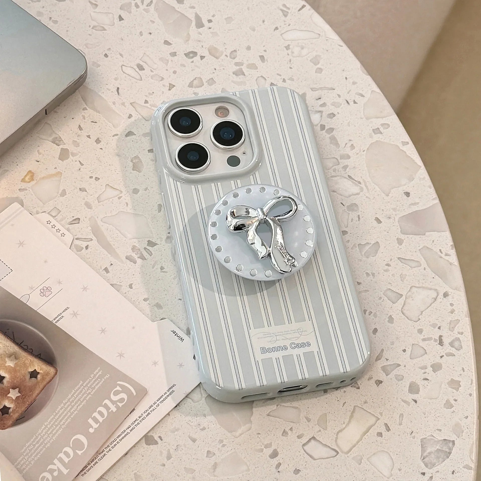 Korean Cute Blue Striped 3D Sliver Bowknot Bracket Soft Phone Case For iPhone