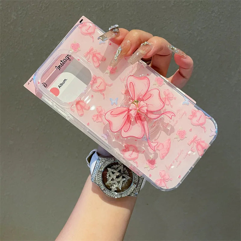 Korean Love Heart Ballet Style Pink Bowknot Rotate Bracket Phone Case For iPhone