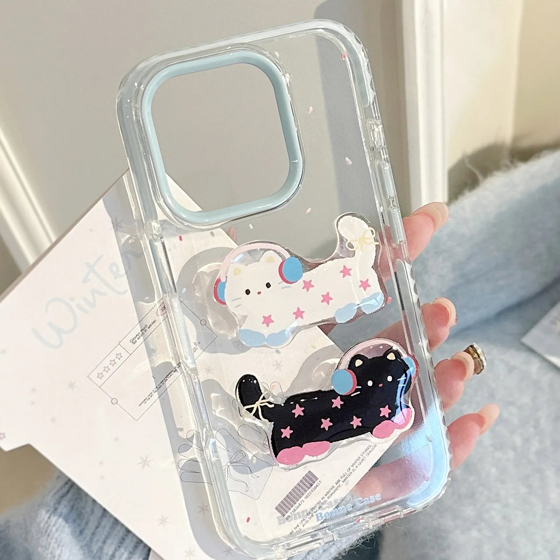 Korean 3D Cute Cartoon Stars Headset Kitten Soft Phone Case For iPhone