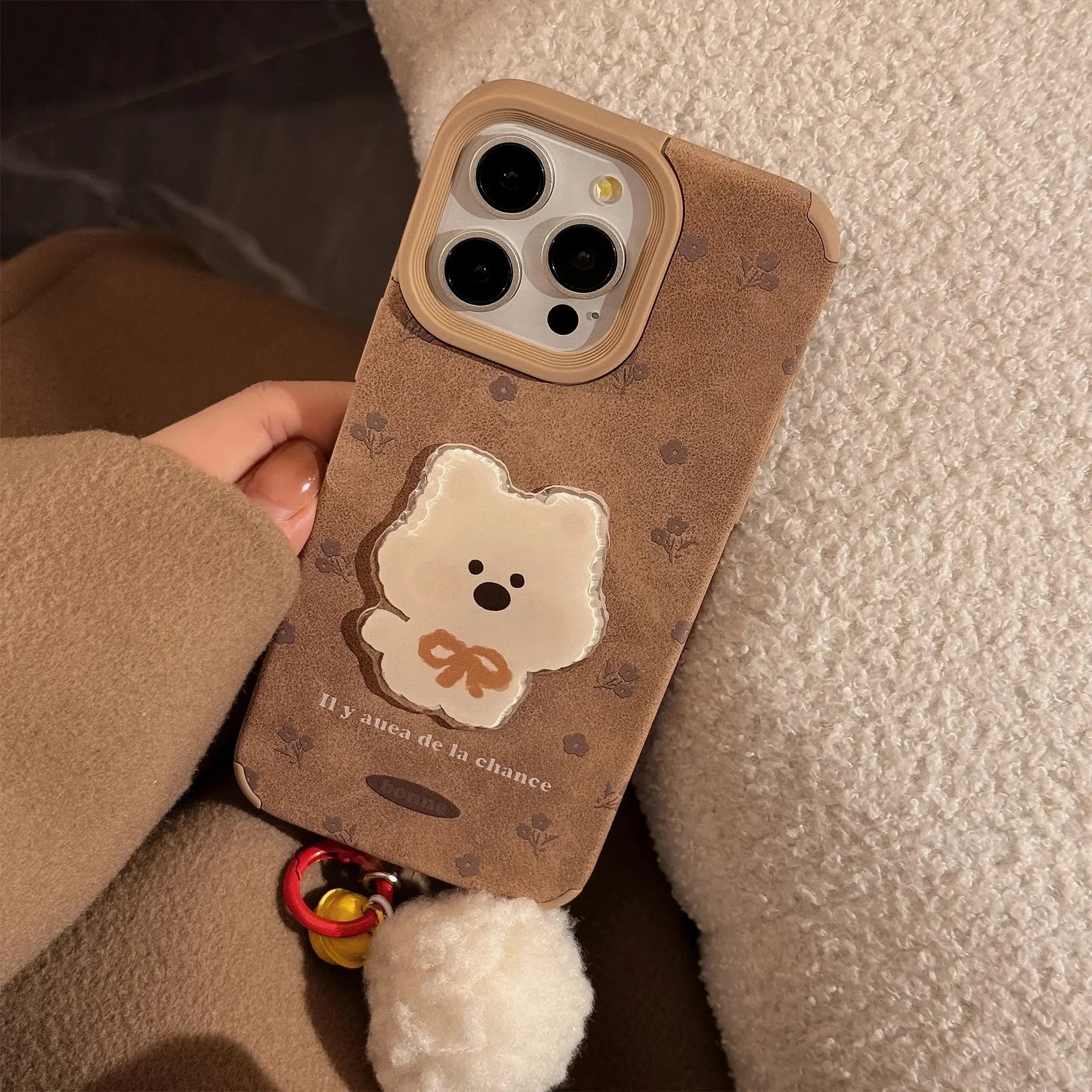 Cute Cartoon 3D White Puppy Flowers Suede Leather Phone Case With Pendants For iPhone