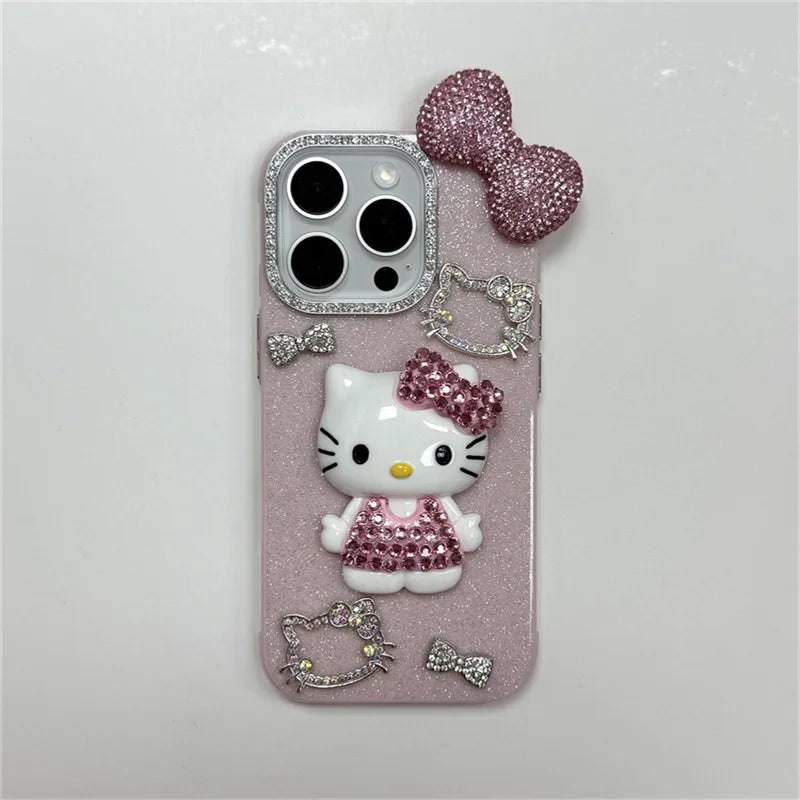 Premium Cute Hello Kittys Full Rhinestones Bow Tie Phone Case For iPhone