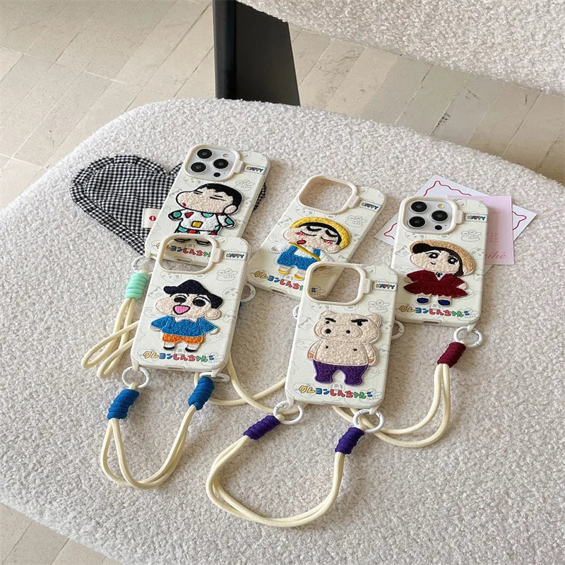 Cute Crayon Shin-chan Embroidered Leather Texture Phone Case For iPhone