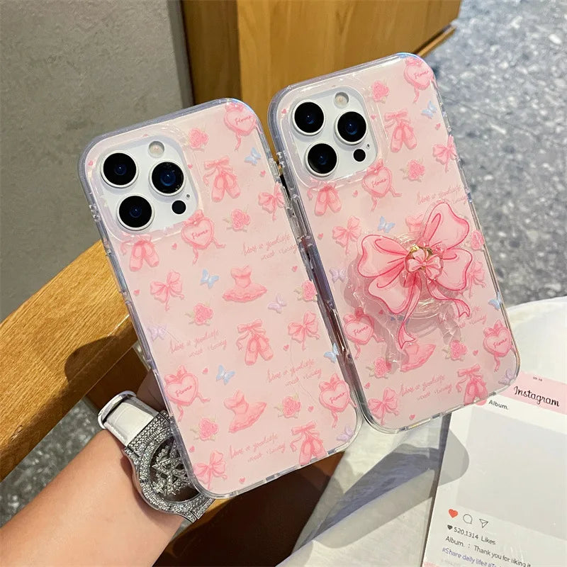 Korean Love Heart Ballet Style Pink Bowknot Rotate Bracket Phone Case For iPhone