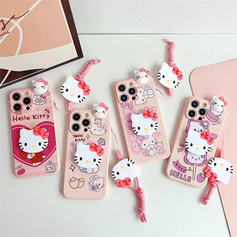 3D Cute Cartoon Hello Kitty Phone Case With Bracket Lanyard For iPhone