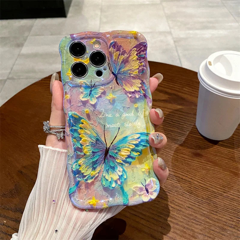 Luxury Retro Oil Painting Butterfly Wavy Border Phone Case For iPhone