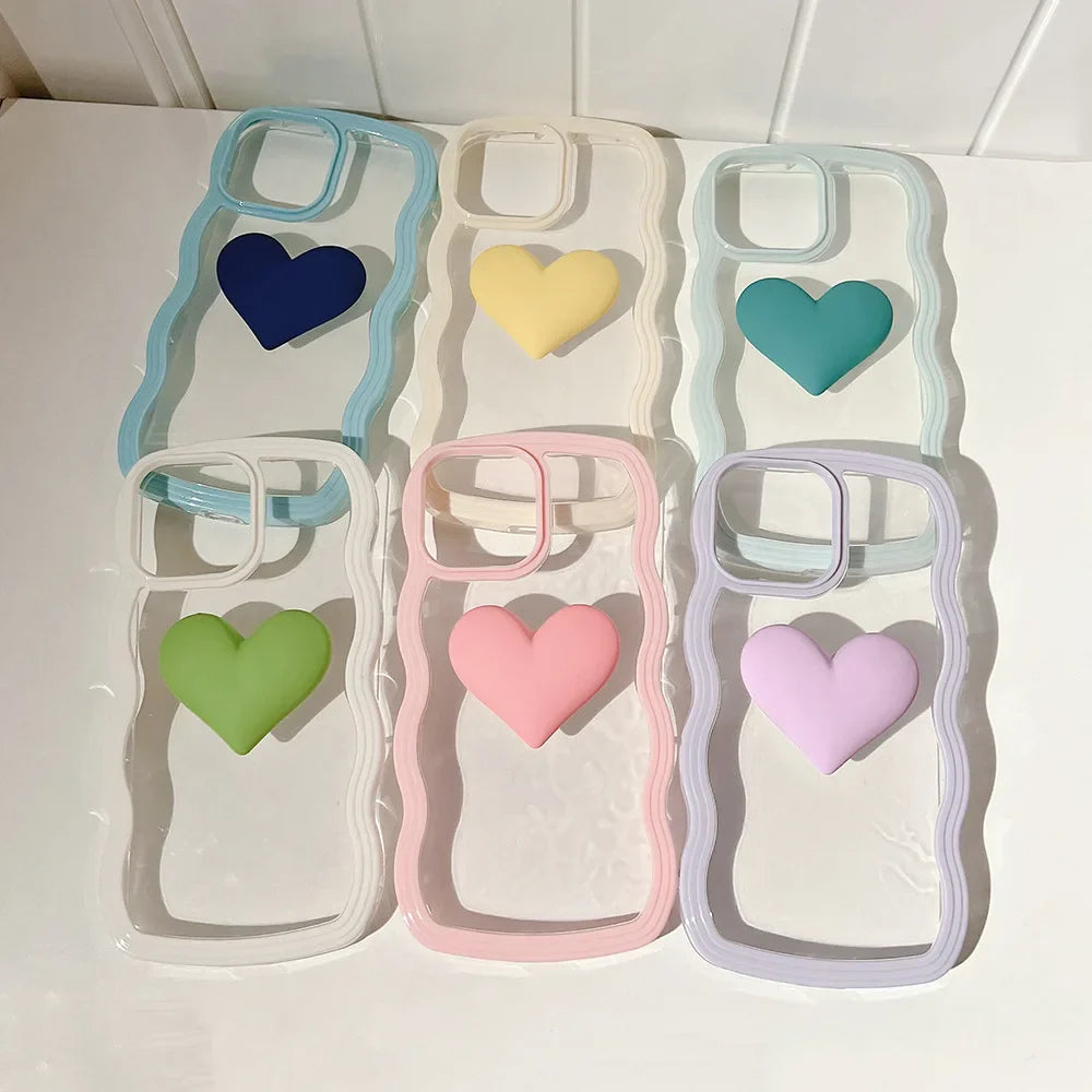 Fashion Transparent Curly Wave 3D Love Heart Phone Case For iPhone