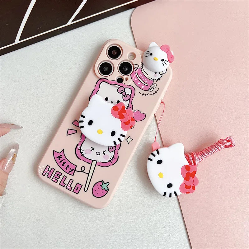 3D Cute Cartoon Hello Kitty Phone Case With Bracket Lanyard For iPhone