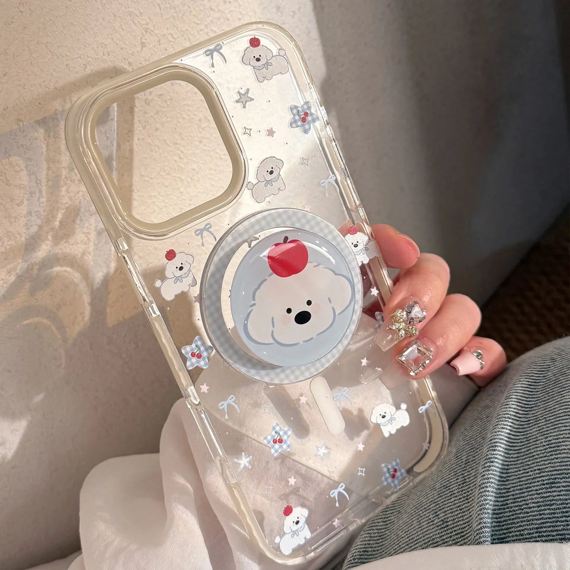 Korean Cute Cartoon Lattice Puppy Bracket Magnetic Phone Case For iPhone