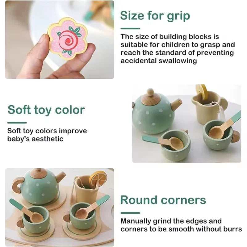 Wooden Kitchen Playset – Pretend Play Tea Set for Girls