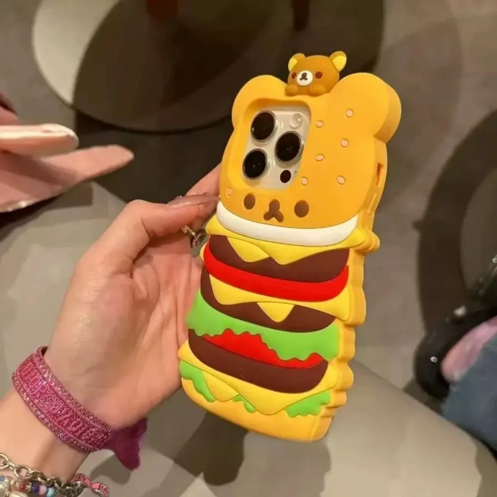 New Cartoon 3D Fun Burger Rilakkuma Silicone Phone Case For iPhone