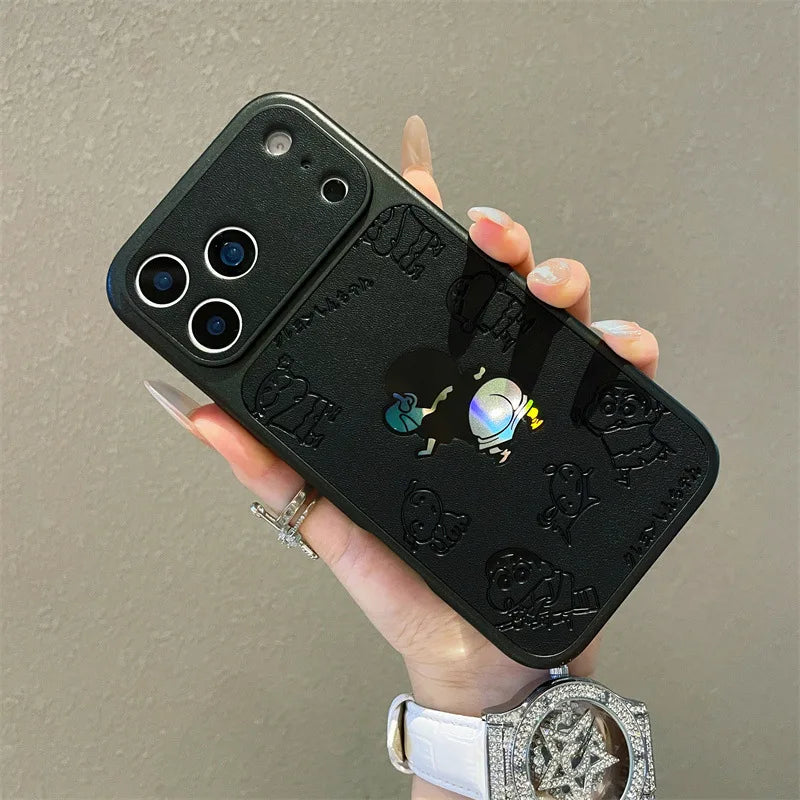 Anime Cartoon Crayon Shin-chan Butt Emboss Leather Texture Laser Phone Case For iPhone