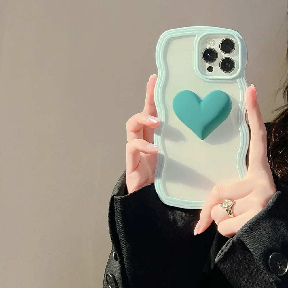 Fashion Transparent Curly Wave 3D Love Heart Phone Case For iPhone