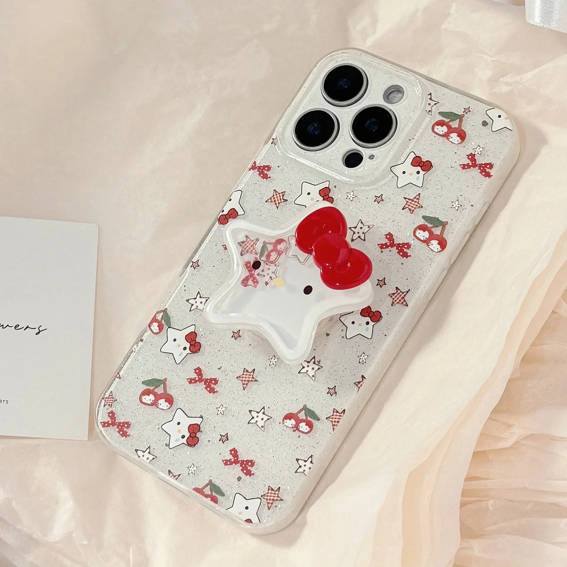 Korean Glitter Cute Cartoon Hello Kitty Quicksand Grip Tok Holder Phone Case For iPhone