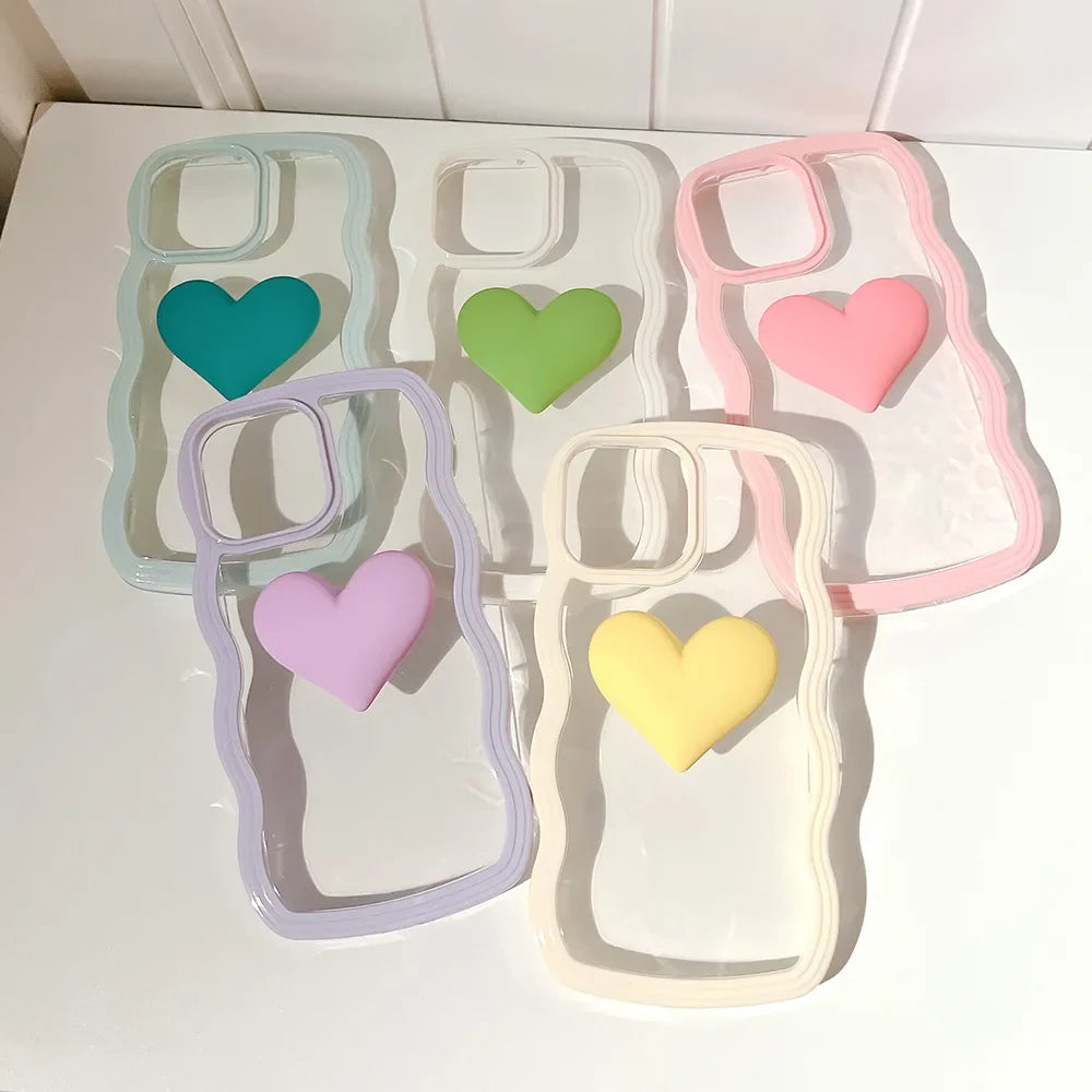 Fashion Transparent Curly Wave 3D Love Heart Phone Case For iPhone