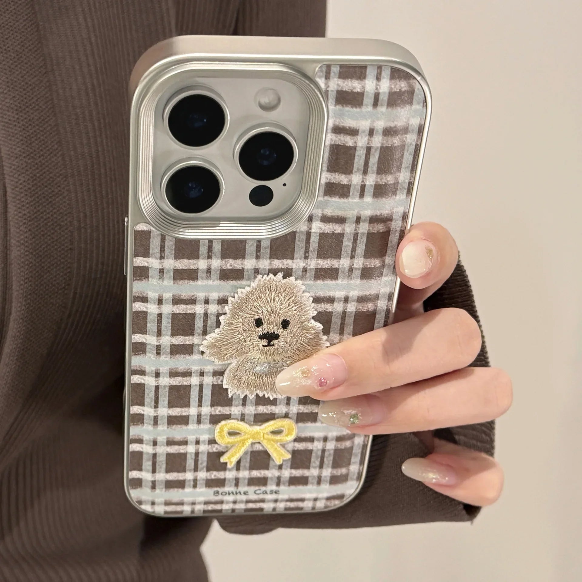 Korean Plaid Cartoon Puppy Bowknot Embroideried Silver Border Phone Case For iPhone
