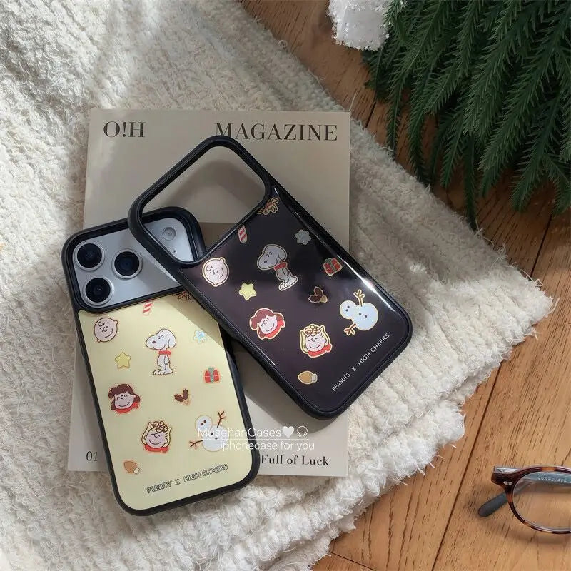 Ins Autumn/Winter Christmas Tree Snoopy Resin Casting Black Frame Phone Case For iPhone
