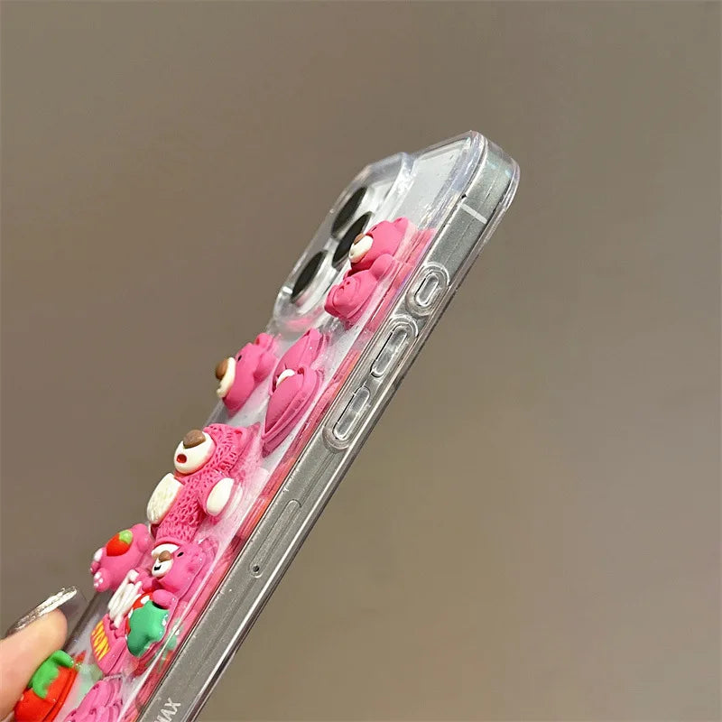 3D Cartoon Strawberry Bear Drop Glue Glitter Phone Case For iPhone