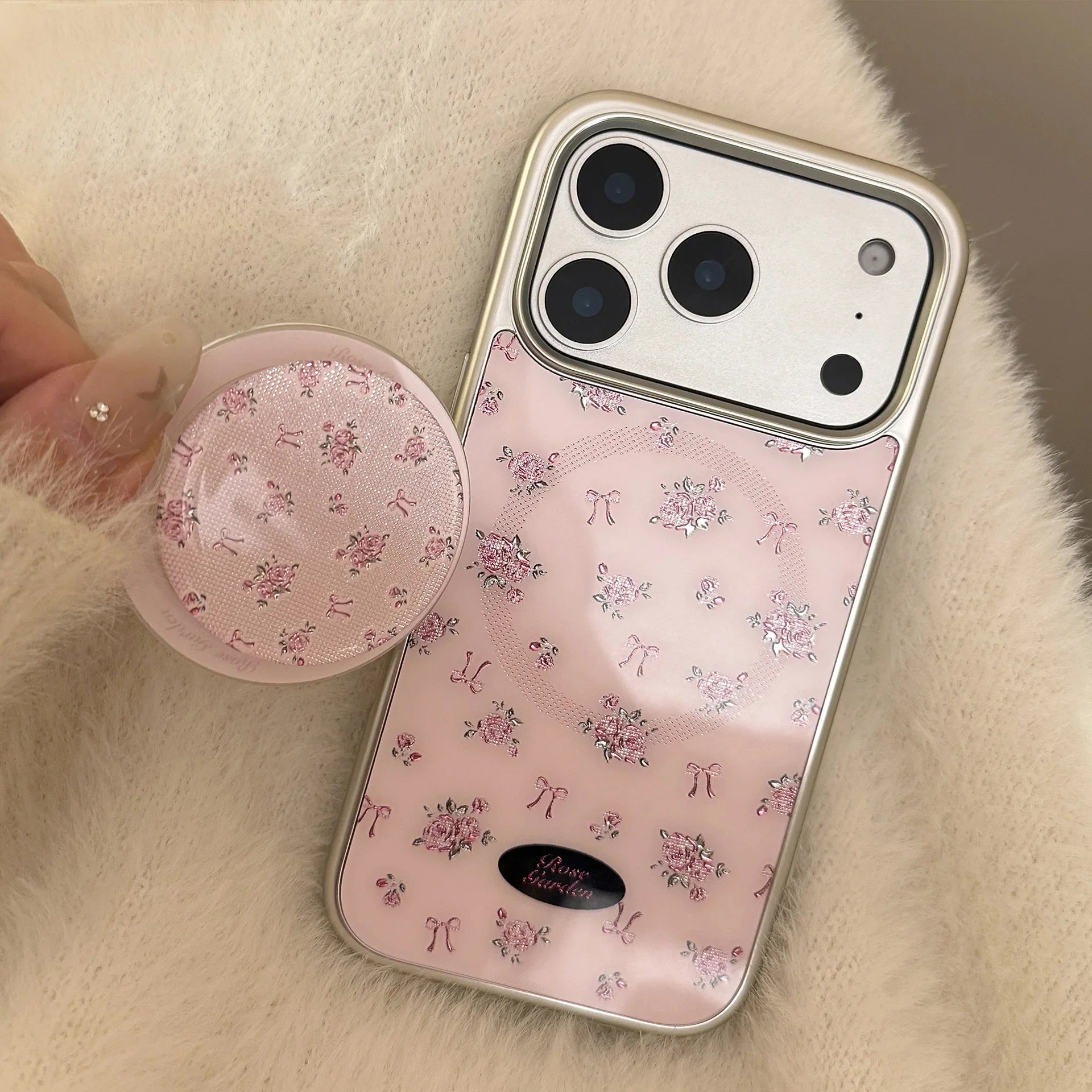 Korean Full Screen Flowers Silver Edge Plating Magnetic Bracket Phone Case For iPhone