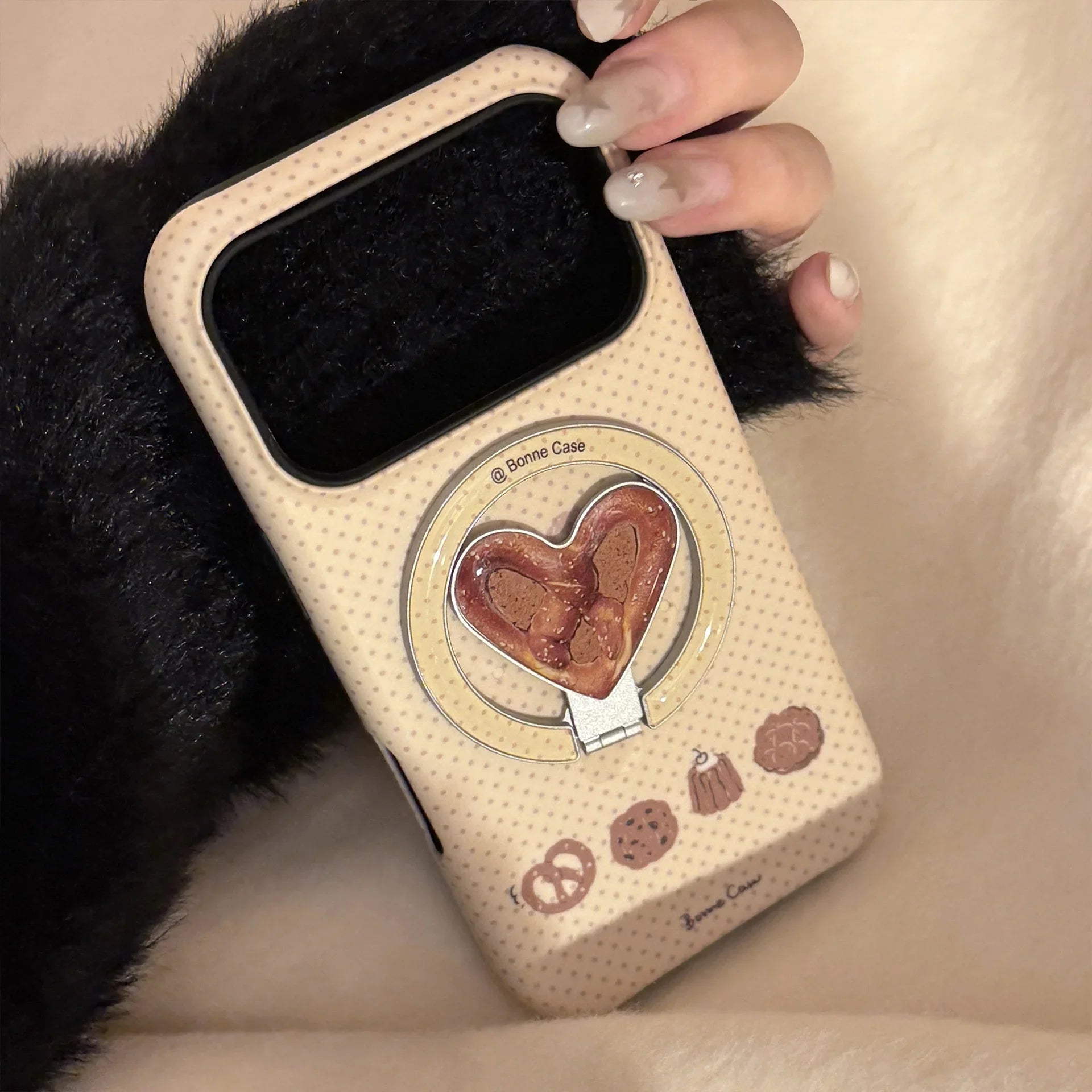 Cute Wave Point Cookie Bread Fold Love Heart Bracket Magnetic Phone Case For iPhone
