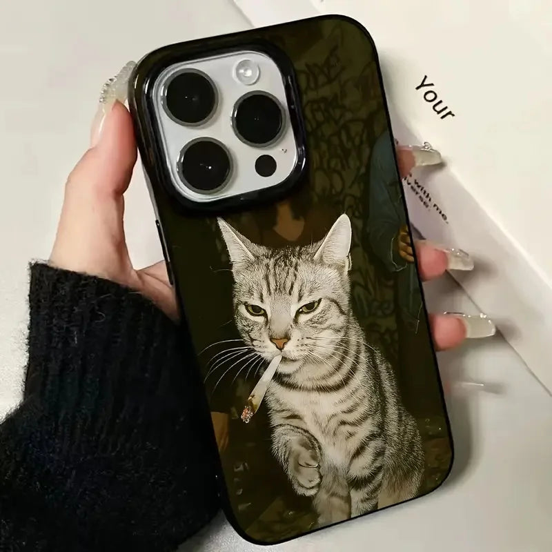 Stylish Cat Smoking Pattern Black Phone Case For iPhone